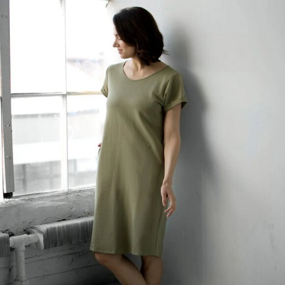 Elegantees Odessa French Terry Shift Dress in Olive Tan - Picture 1 of 8